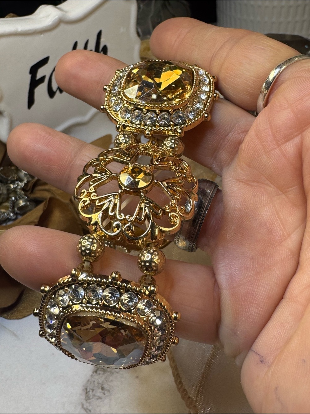 Gold Tone Filigree Statement Bracelet with Amber Gem - Picture 5 of 6
